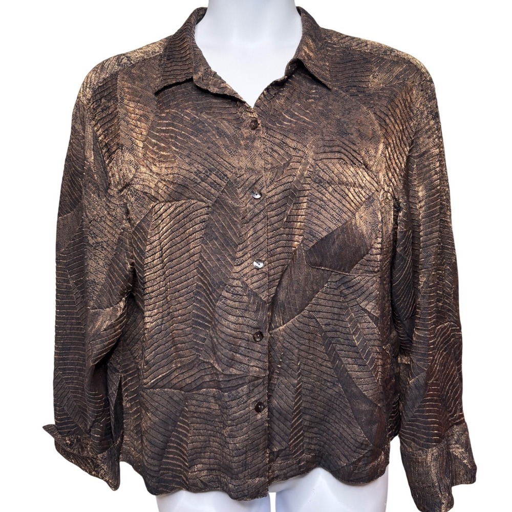 CHICO'S Womens Bronze Snakeskin Pleated Button Down Shirt Blouse Sz 3/XL Shimmer